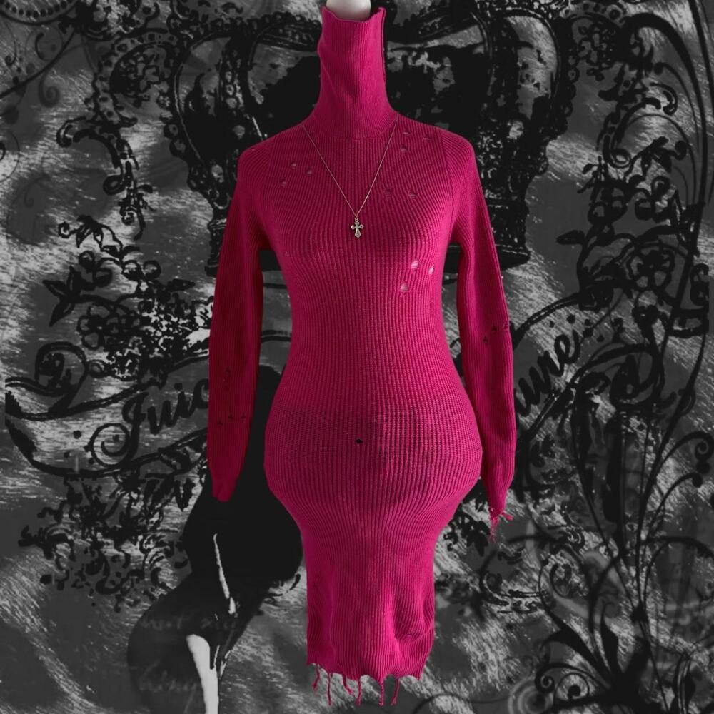 hot pink ribbed distressed knit turtleneck long sleeve skinny dress